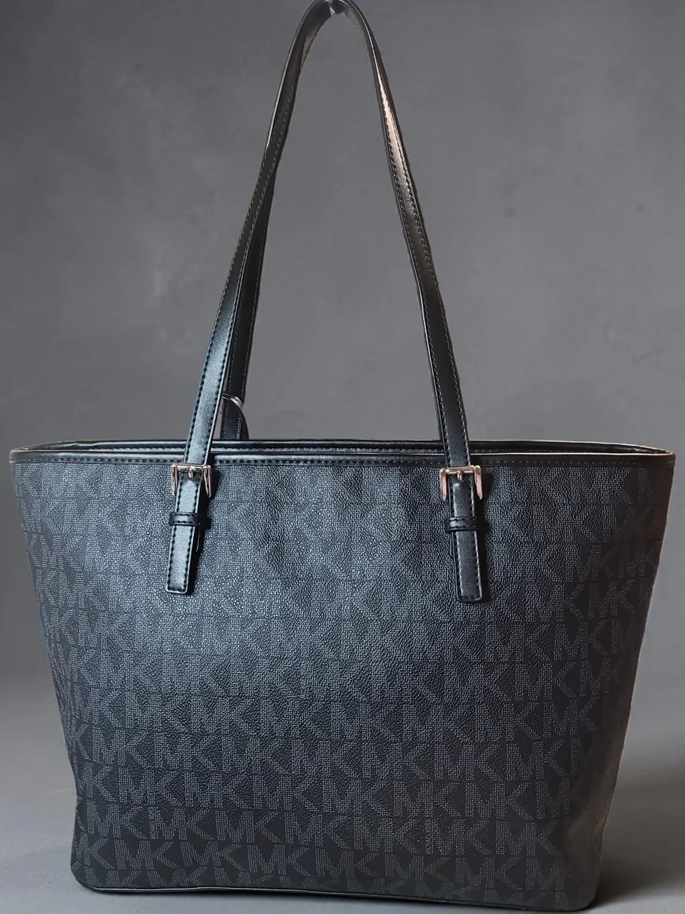 Michael Kors Jet Set Travel Top Zip Signature Monogram Tote, Black Like New